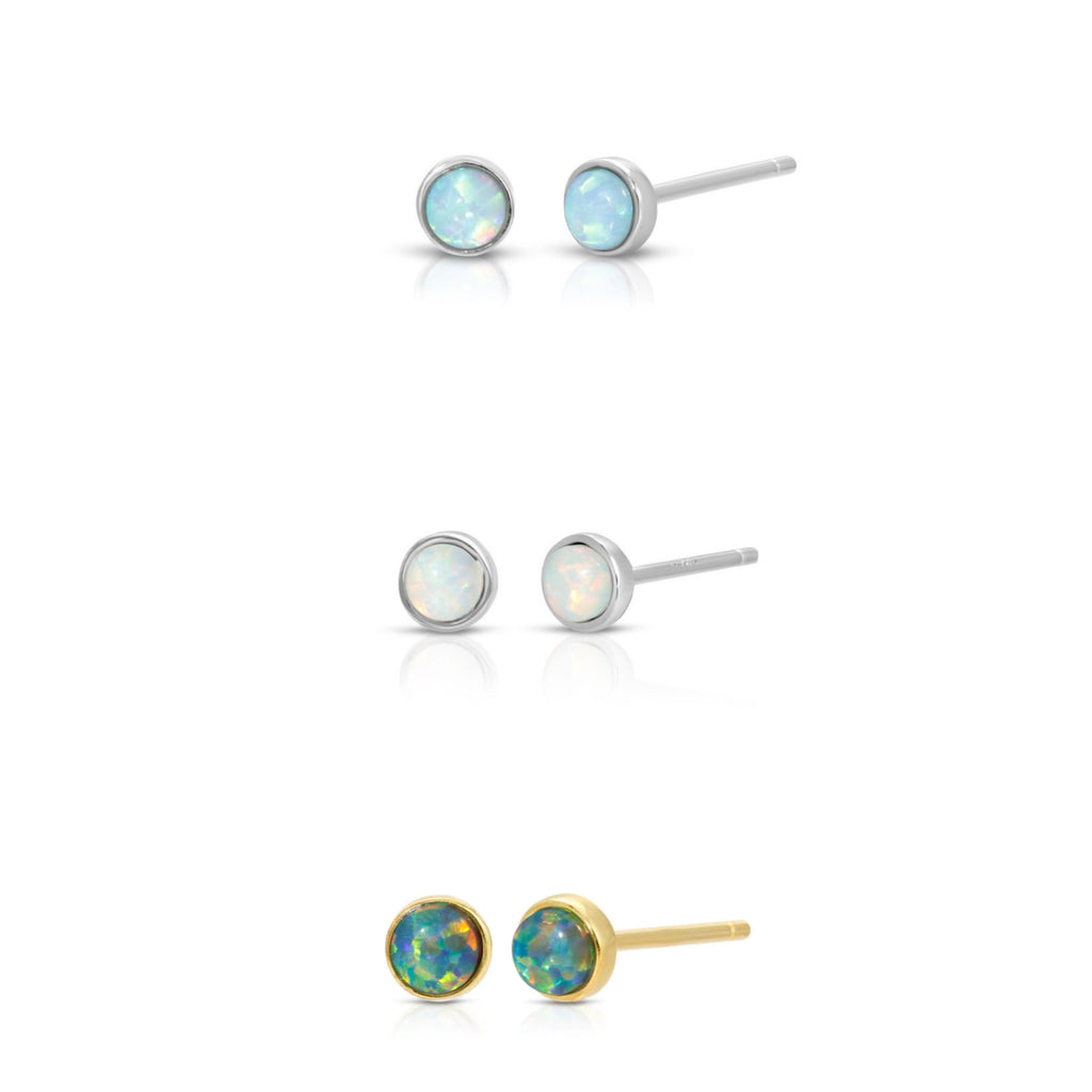 Genuine opal round stud earrings in sterling silver- White Fire, Sky Blue, Green