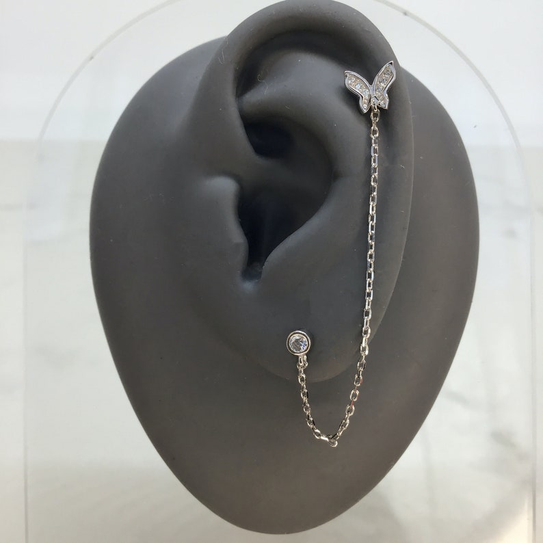 Butterfly Stud Earring with Chain and Second CZ Stud