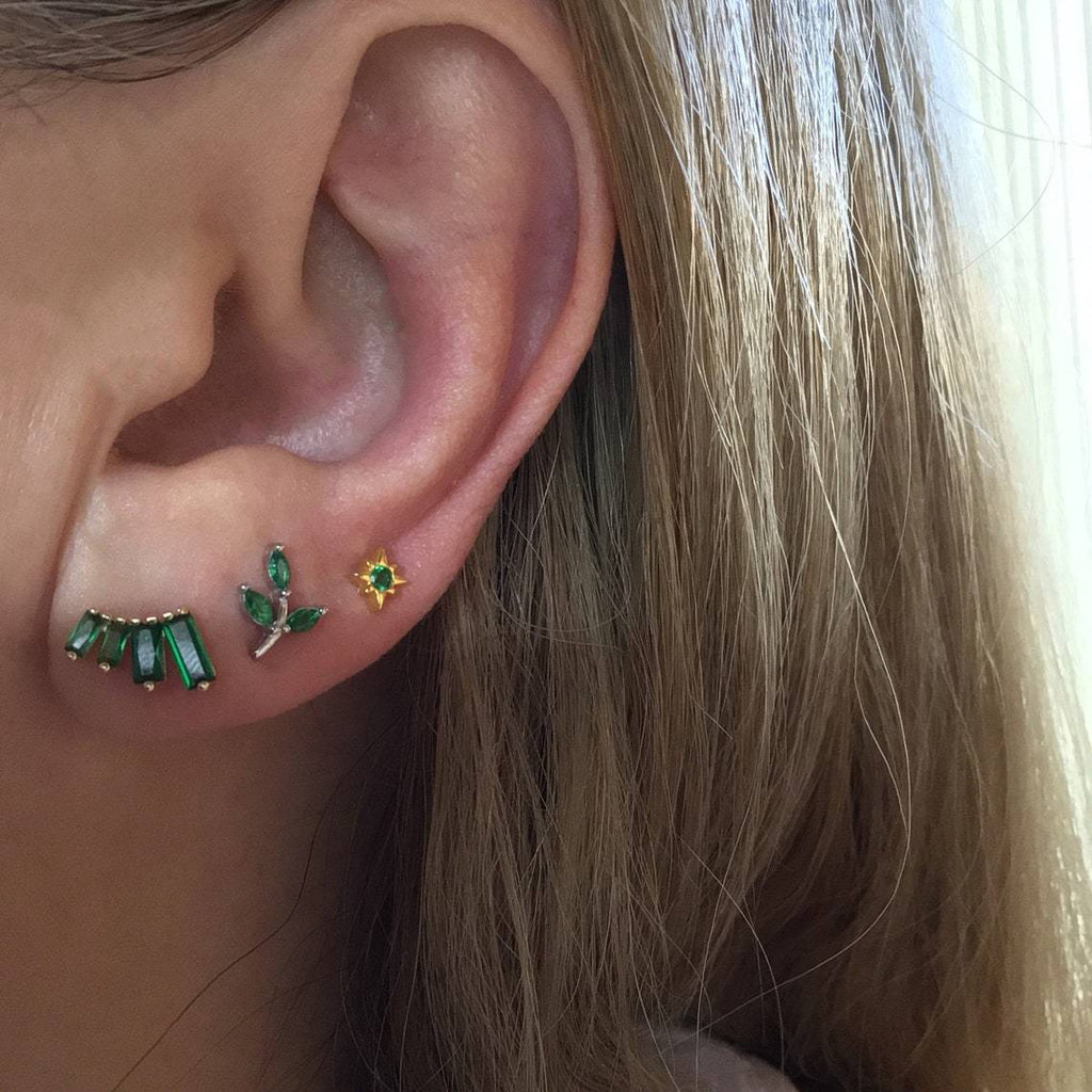 Tiny green twig stud earring sterling silver