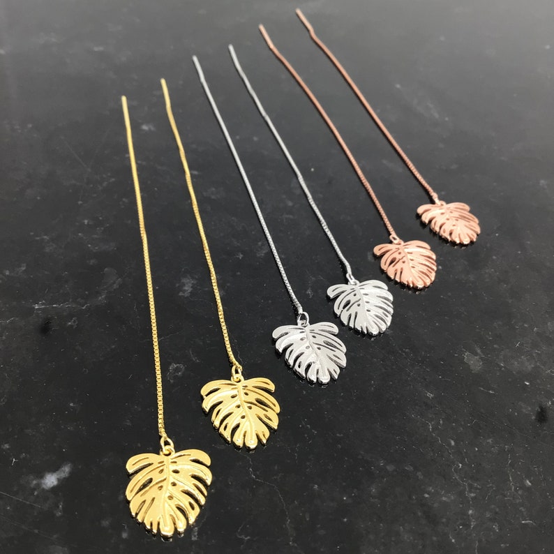 Leaf threader sterling silver, Monstera thread earring