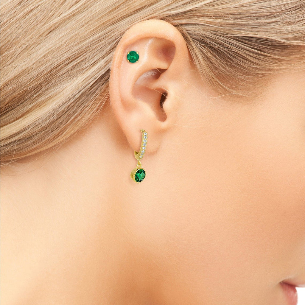 Dainty Dangle Green Simulated Emerald 925 Sterling Silver Hoop Earring