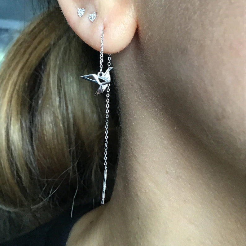 Sterling silver paper crane drop ear threader earring