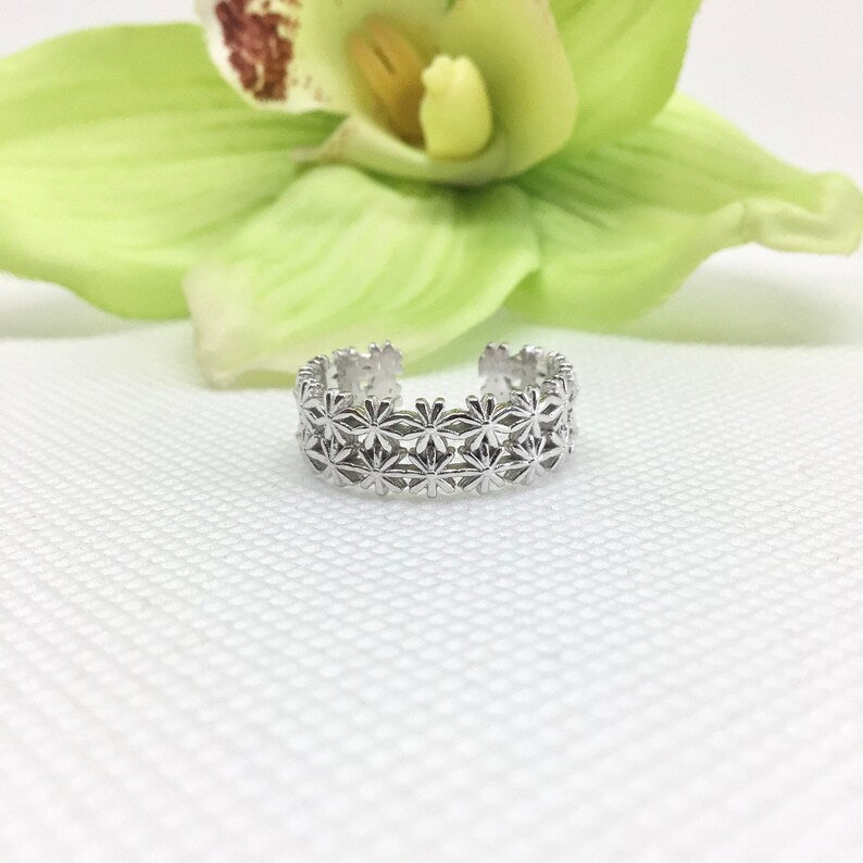 Daisy flower adjustable ring sterling silver
