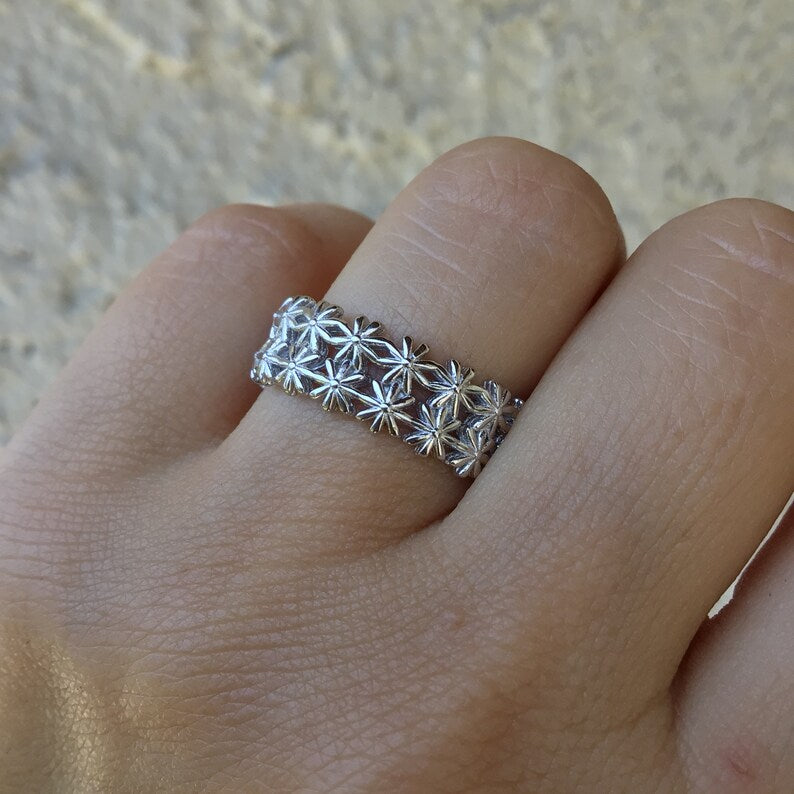 Daisy flower adjustable ring sterling silver