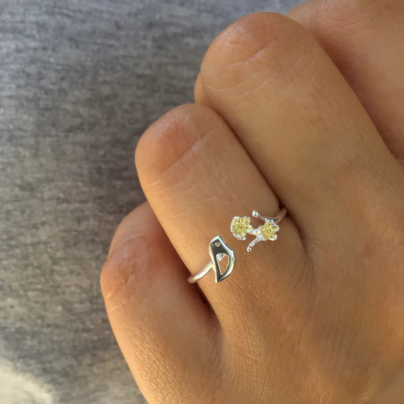 Silver bird and gold cherry blossom adjustable ring