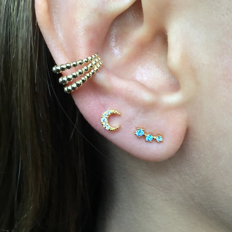Beaded ear cuff triple band sterling silver