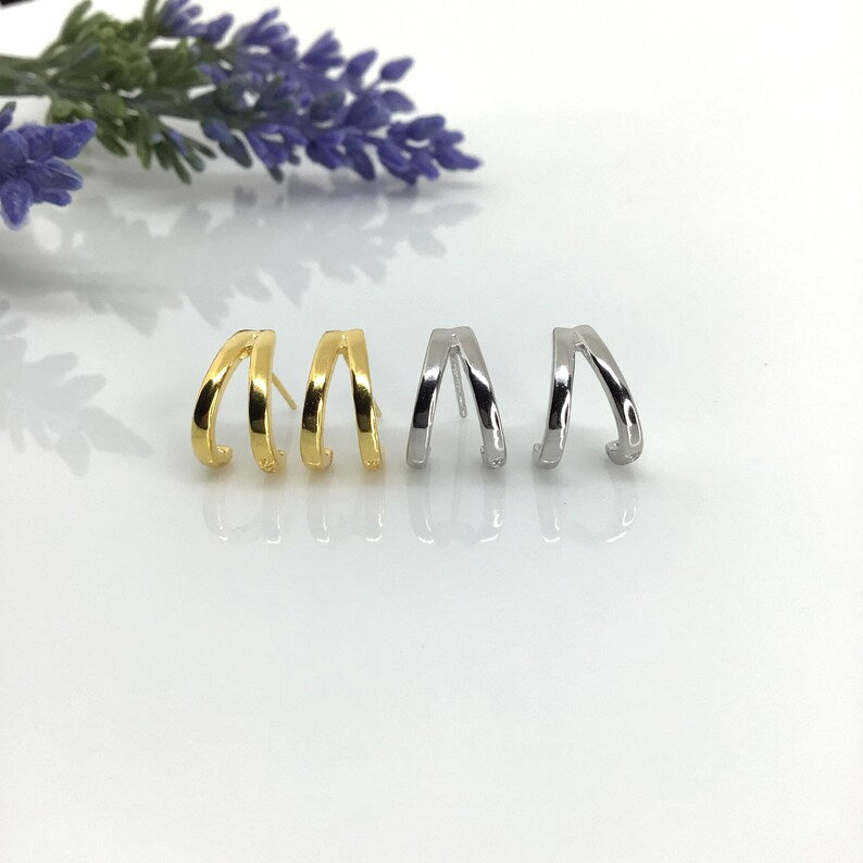 Double line semi hoop stud earring sterling silver