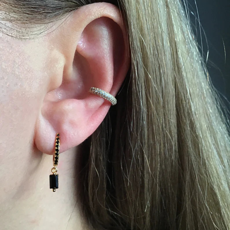 Onyx Baguette Hoop Earring Sterling Silver