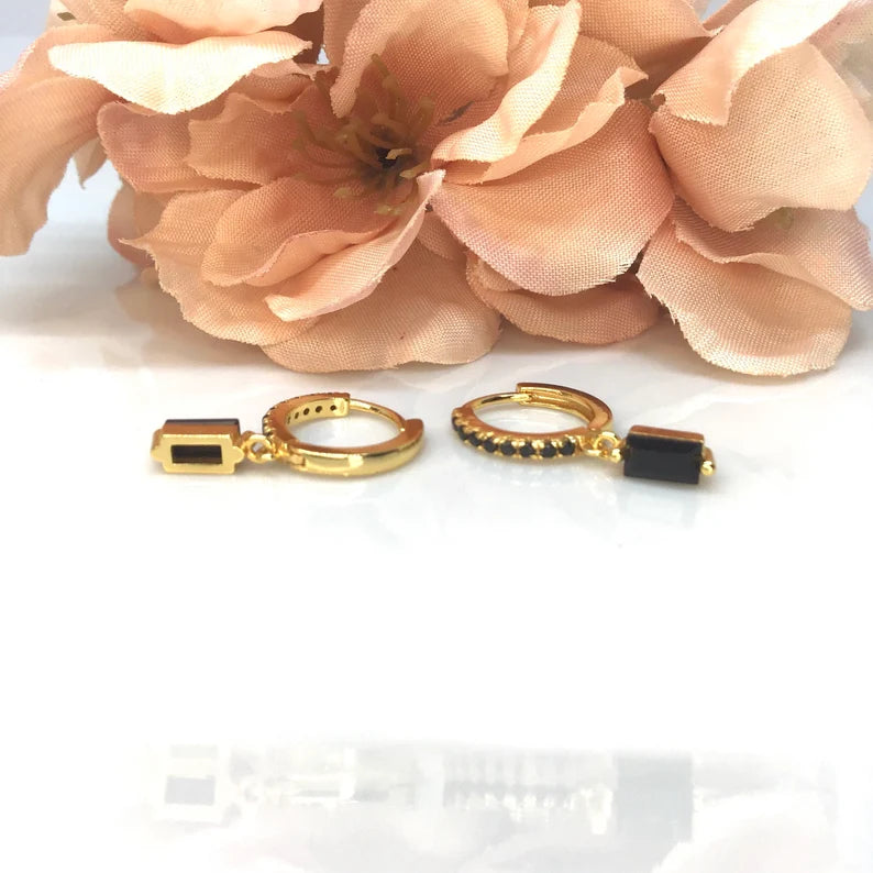 Onyx Baguette Hoop Earring Sterling Silver