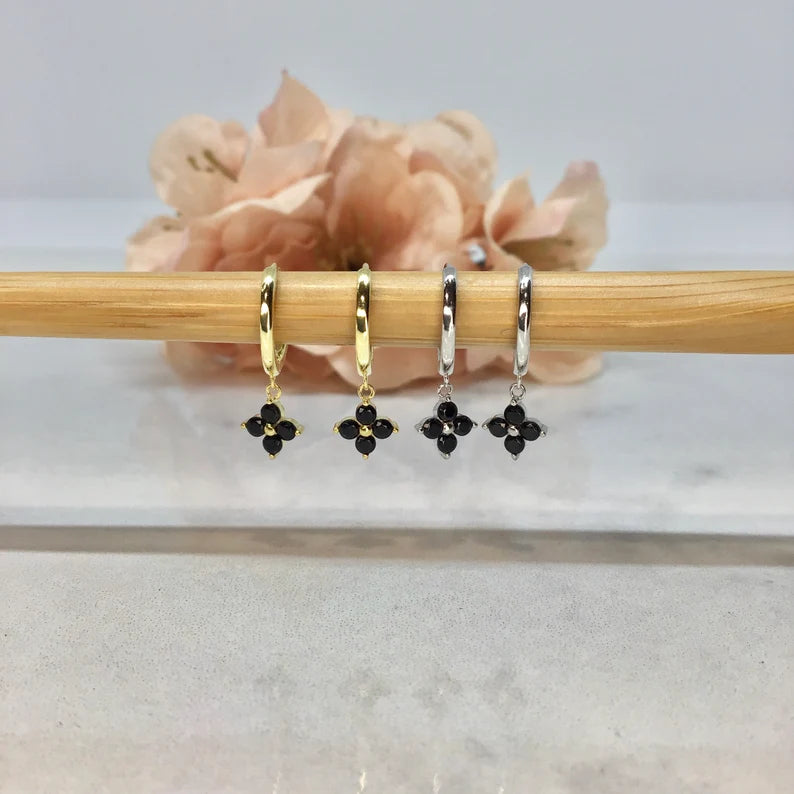 Onyx Flower Hoop Earring Sterling Silver