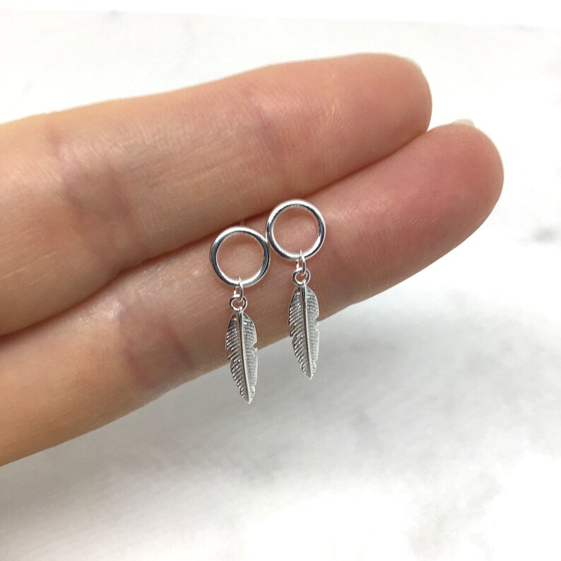 Sterling Silver Feather Drop Dangle Stud Earrings