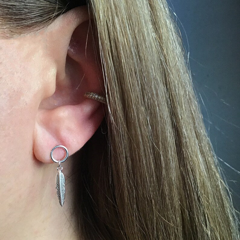 Sterling Silver Feather Drop Dangle Stud Earrings