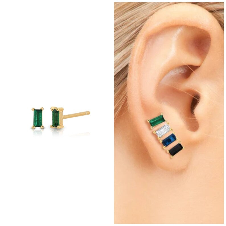 Baguette stud earring sterling silver-sapphire emerald, onyx, diamond simulants