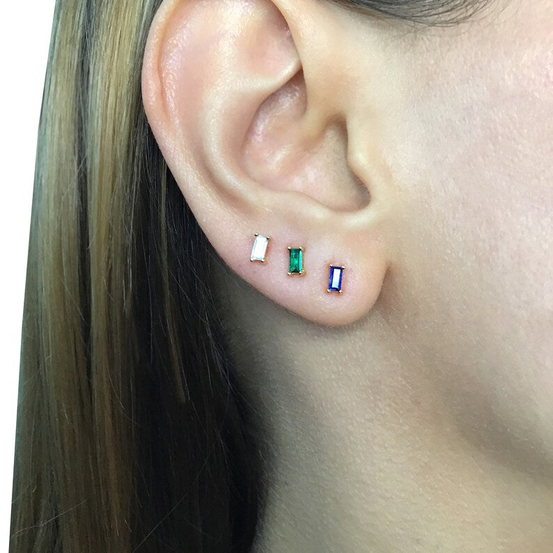 Baguette stud earring sterling silver-sapphire emerald, onyx, diamond simulants