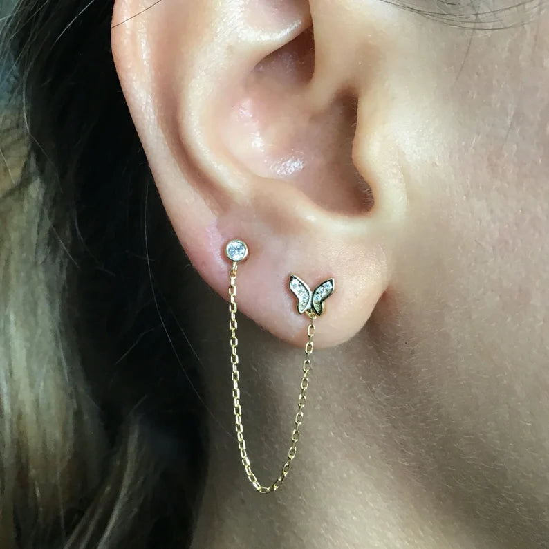 Butterfly Stud Earring with Chain and Second CZ Stud