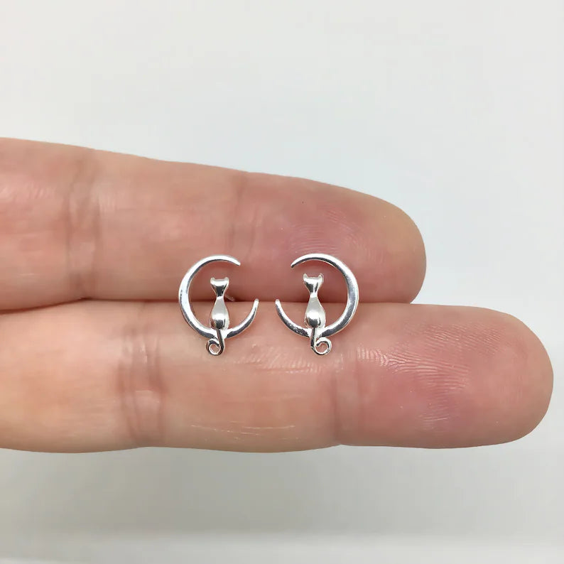 Cat on Moon Stud Earrings 925 Sterling Silver