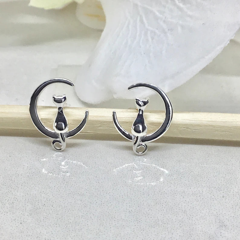 Cat on Moon Stud Earrings 925 Sterling Silver