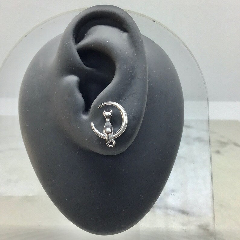 Cat on Moon Stud Earrings 925 Sterling Silver