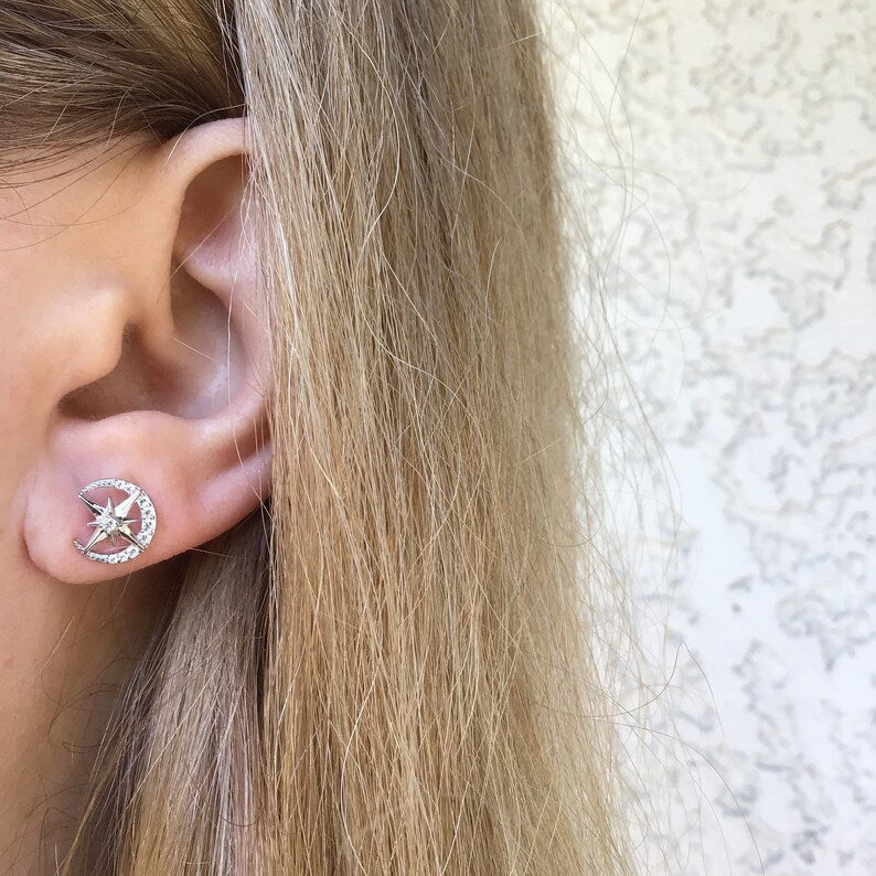 Moon and Star Earrings Sterling Silver