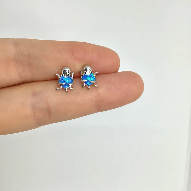 Octopus hugging opal heart stud earring sterling silver