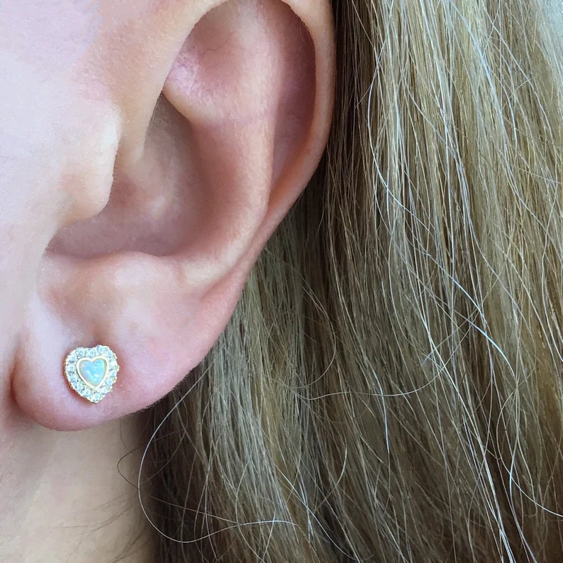 Opal heart stud earring sterling silver