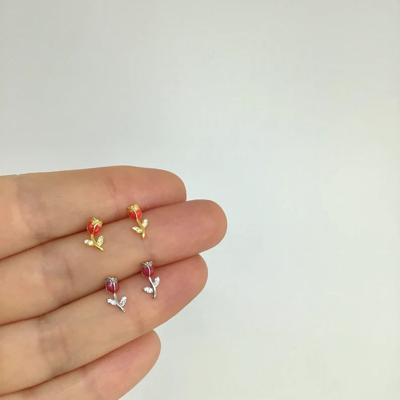 Red tulip stud earring sterling silver