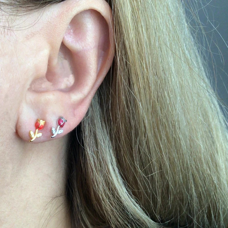 Red tulip stud earring sterling silver