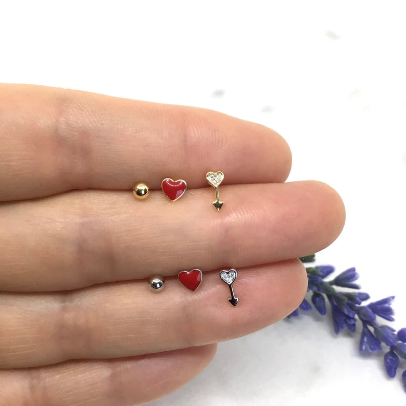 Set of 3 Stud Earrings Red Heart, Cupid's Arrow & Tiny Ball