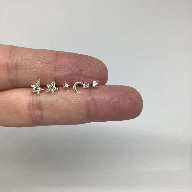 Set of 6 celestial tiny single stud earring sterling silver