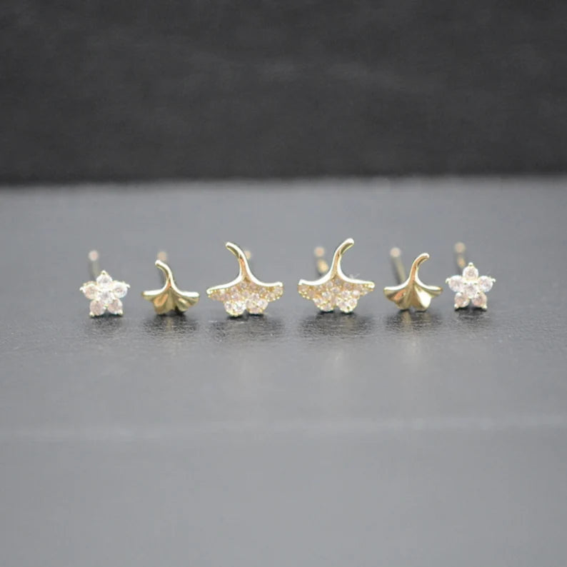 Set of 6 single gingko flower stud earring sterling silver