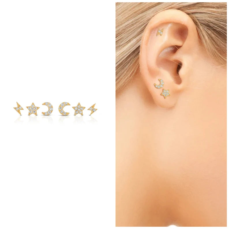 Set of 6 tiny moon, star & lightning stud earrings
