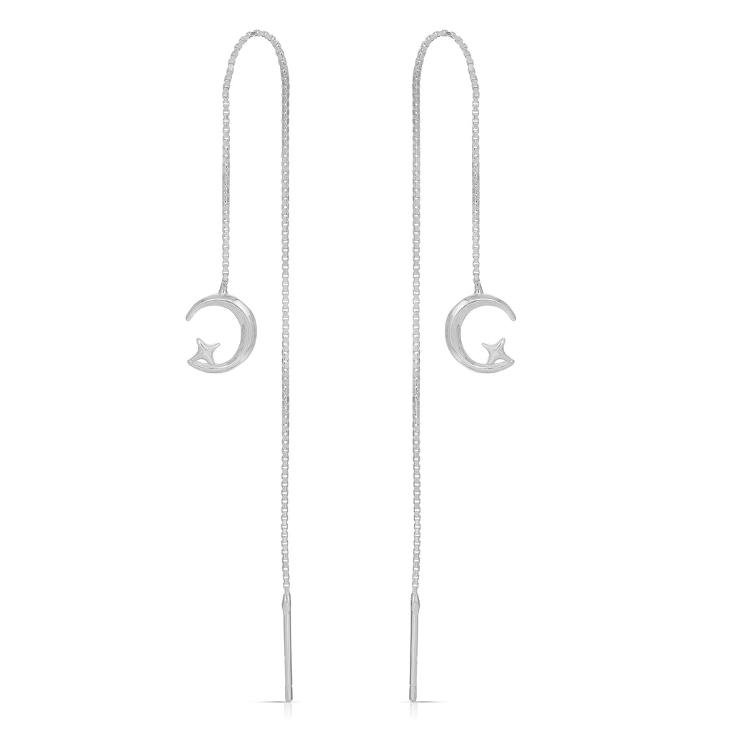 Crescent moon and star ear threader sterling silver