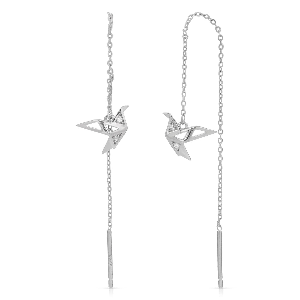 Sterling silver paper crane drop ear threader earring
