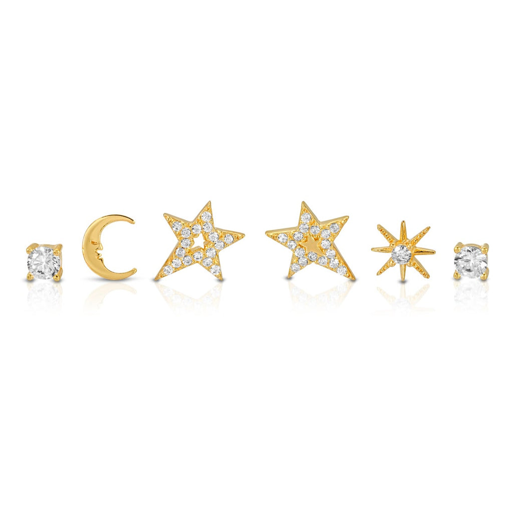 Set of 6 celestial tiny single stud earring sterling silver