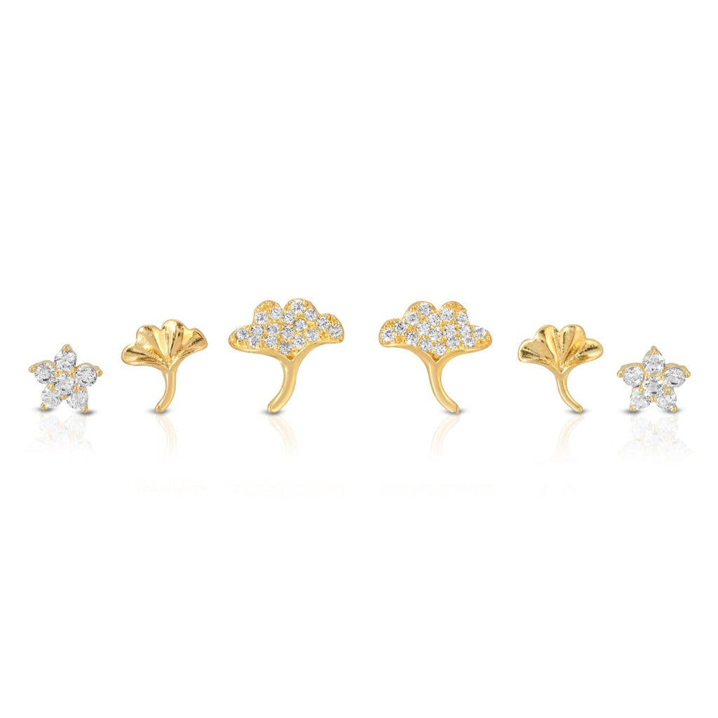 Set of 6 single gingko flower stud earring sterling silver