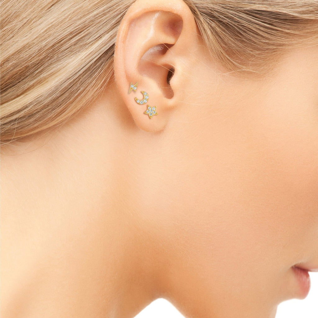 Set of 6 tiny moon, star & lightning stud earrings