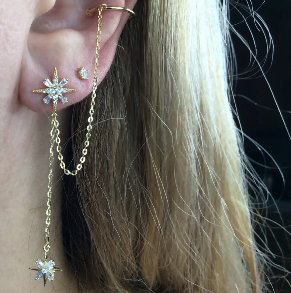 North Star stud earring with ear cuff and extra tiny earring