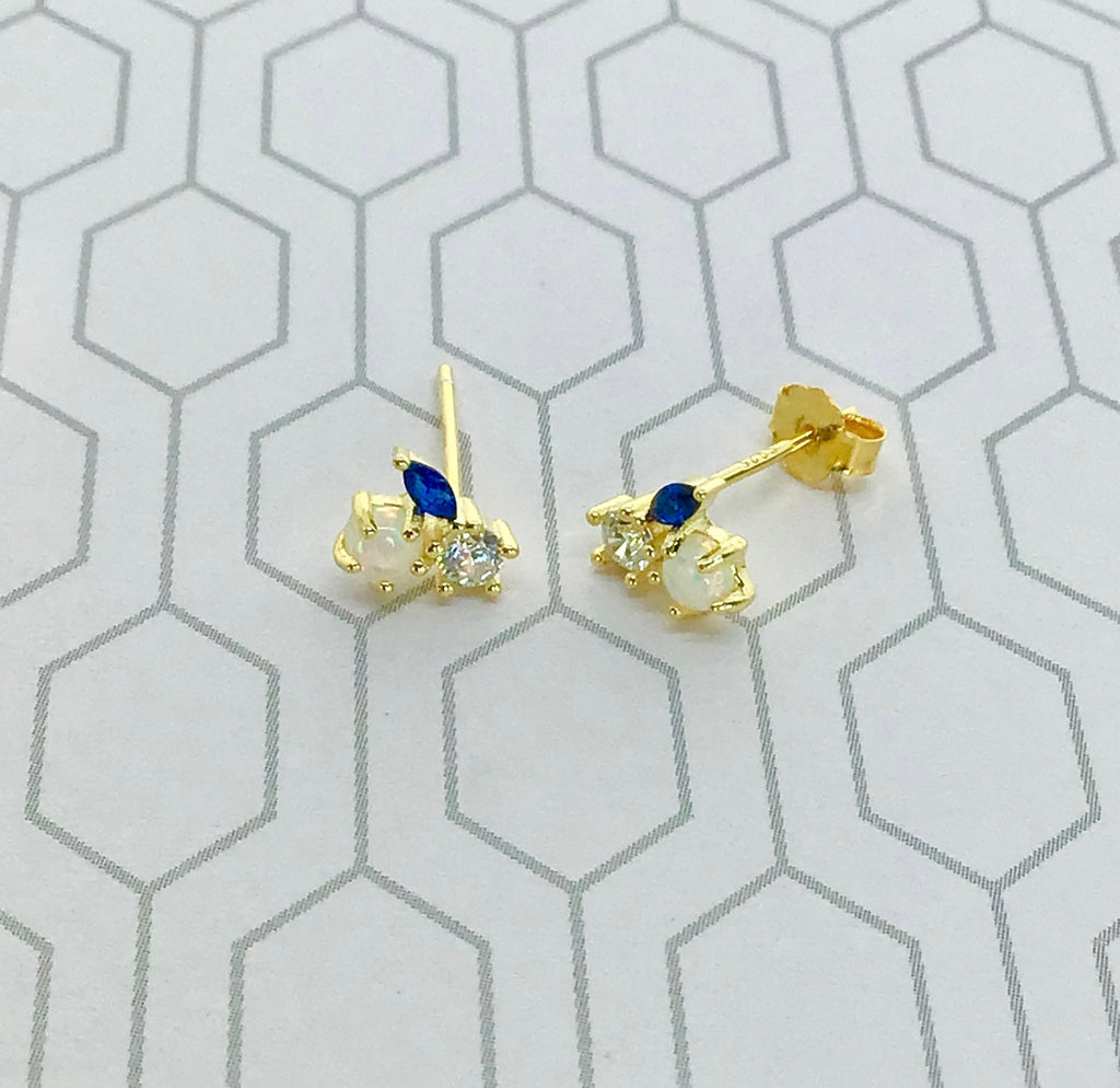 Green and Blue Cluster stud earrings sterling silver