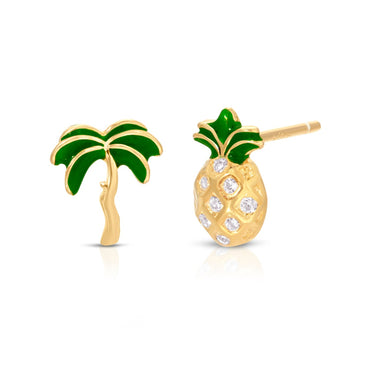 Pineapple and palm tree mismatched pair stud earrings sterling silver