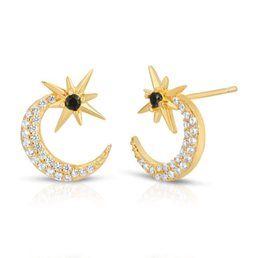 Dainty Onyx North Star and Crescent Moon Earring