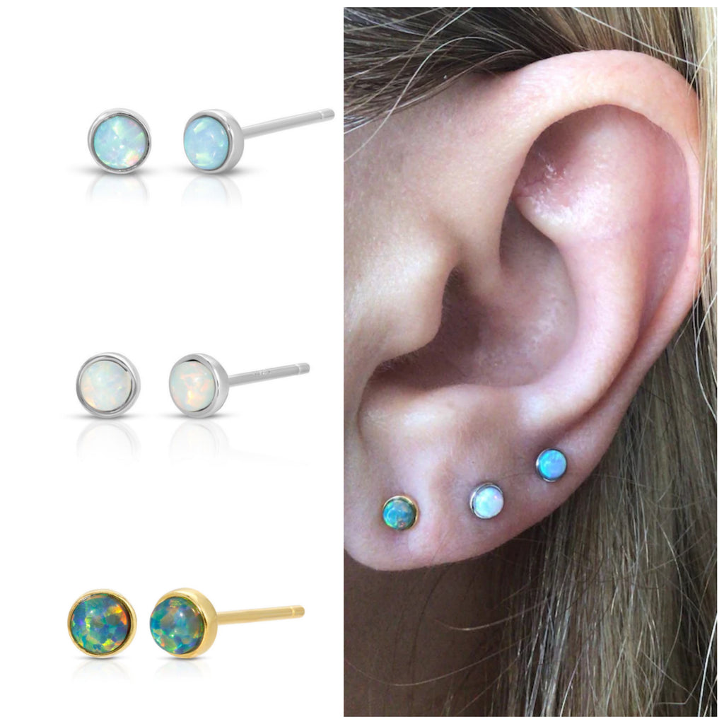Genuine opal round stud earrings in sterling silver- White Fire, Sky Blue, Green