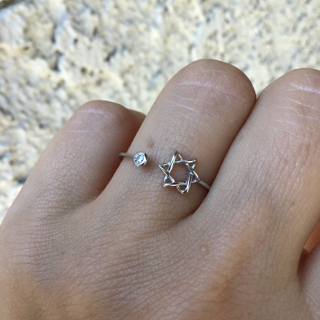 Silver Star of David Ring with Single Crystal CZ