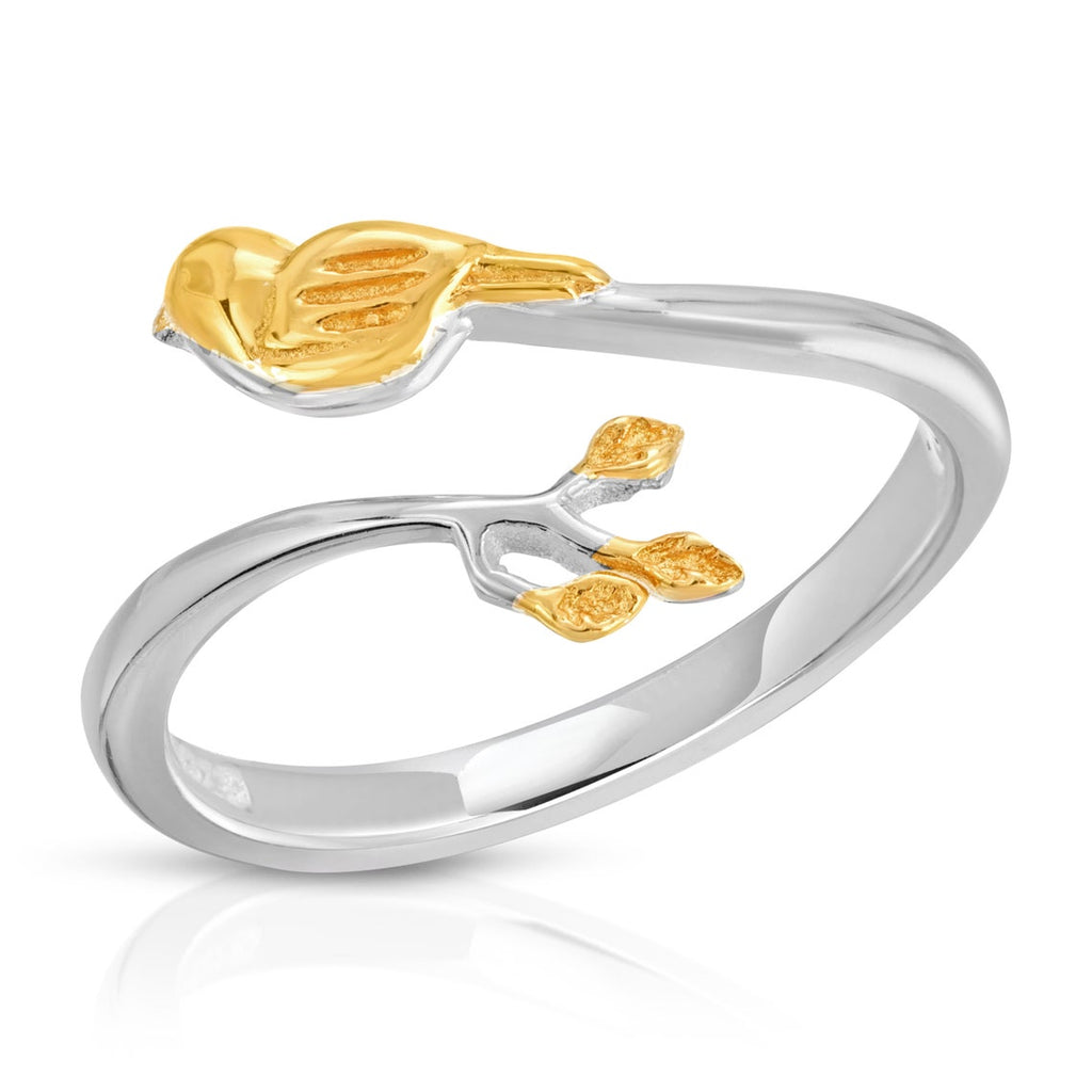 Golden bird with gold twigs adjustable ring sterling silver
