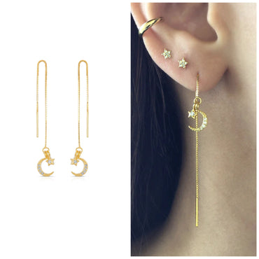 Chain Crescent Moon Ear Threader Sterling Silver