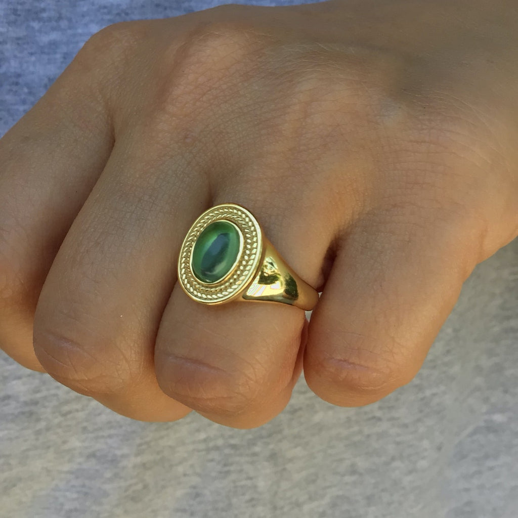 Green agate open ring 18 K gold vermeil