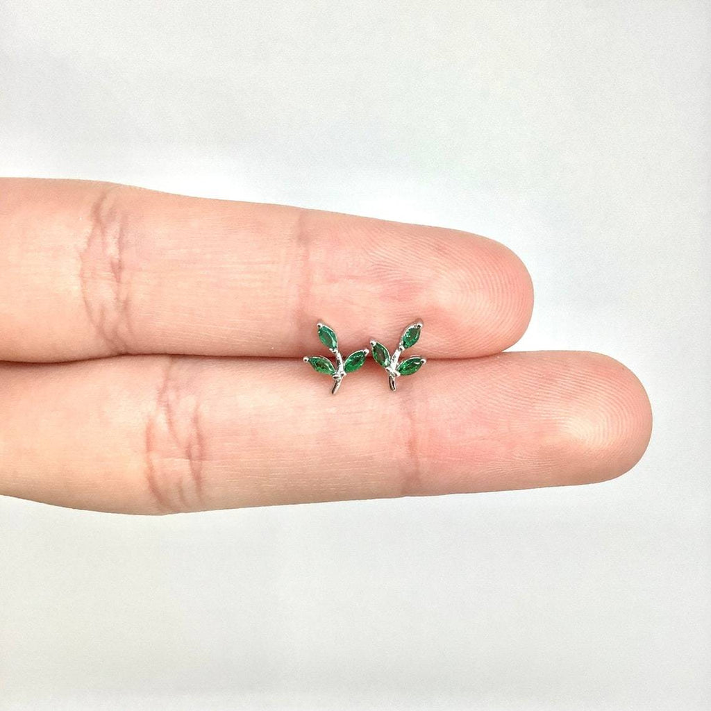 Tiny green twig stud earring sterling silver
