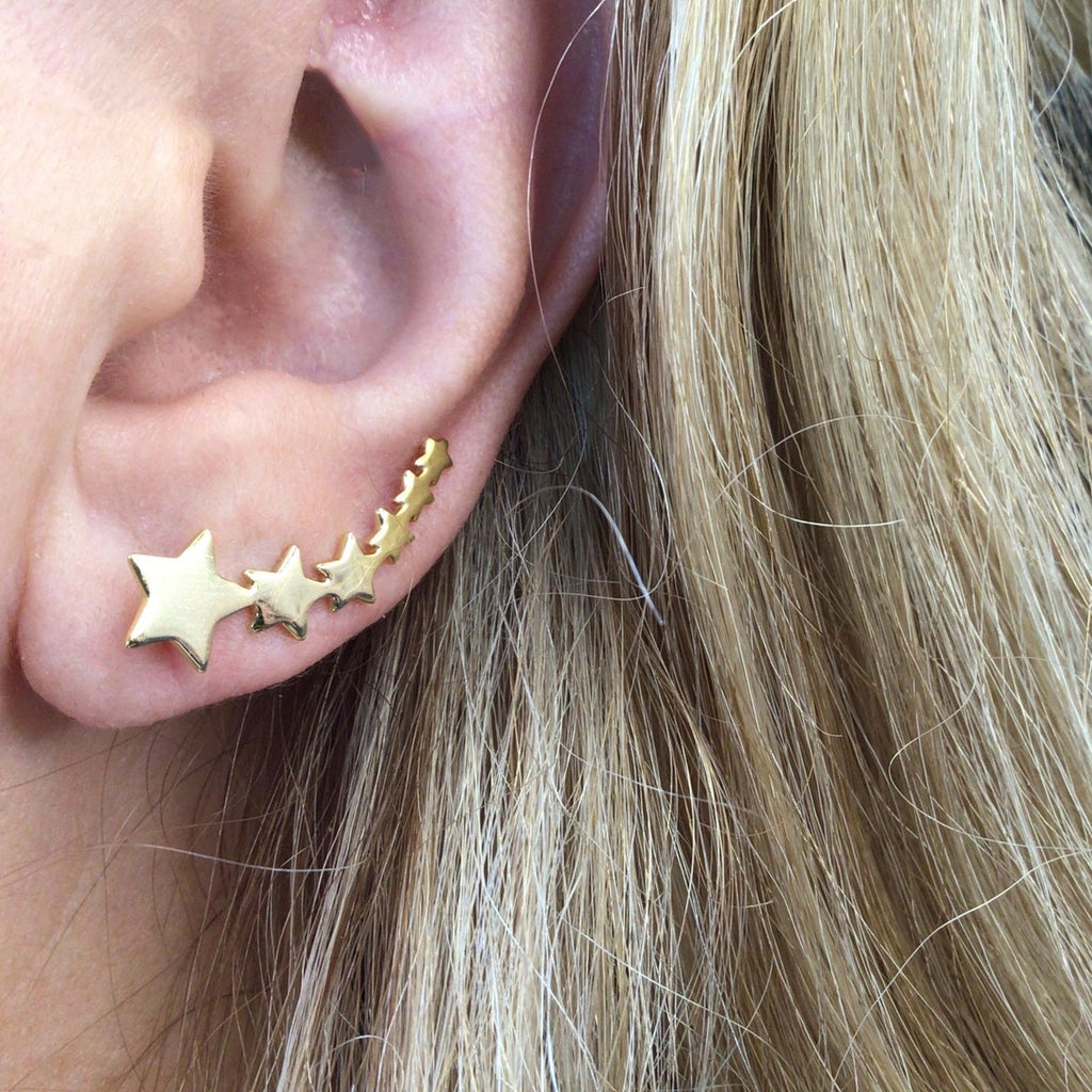 Star fall ear climber sterling silver, gold stars ear pin