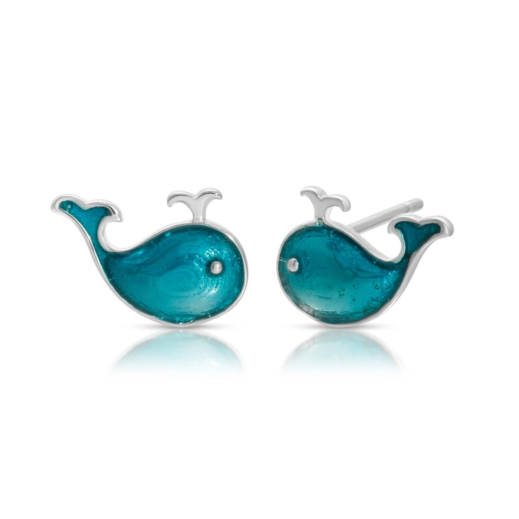 Blue enamel whale stud earring sterling silver