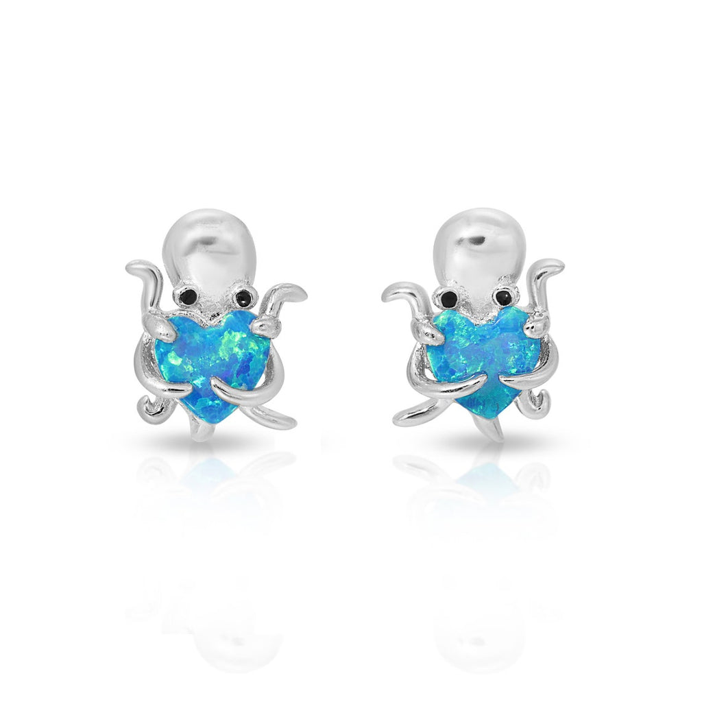 Octopus hugging opal heart stud earring sterling silver