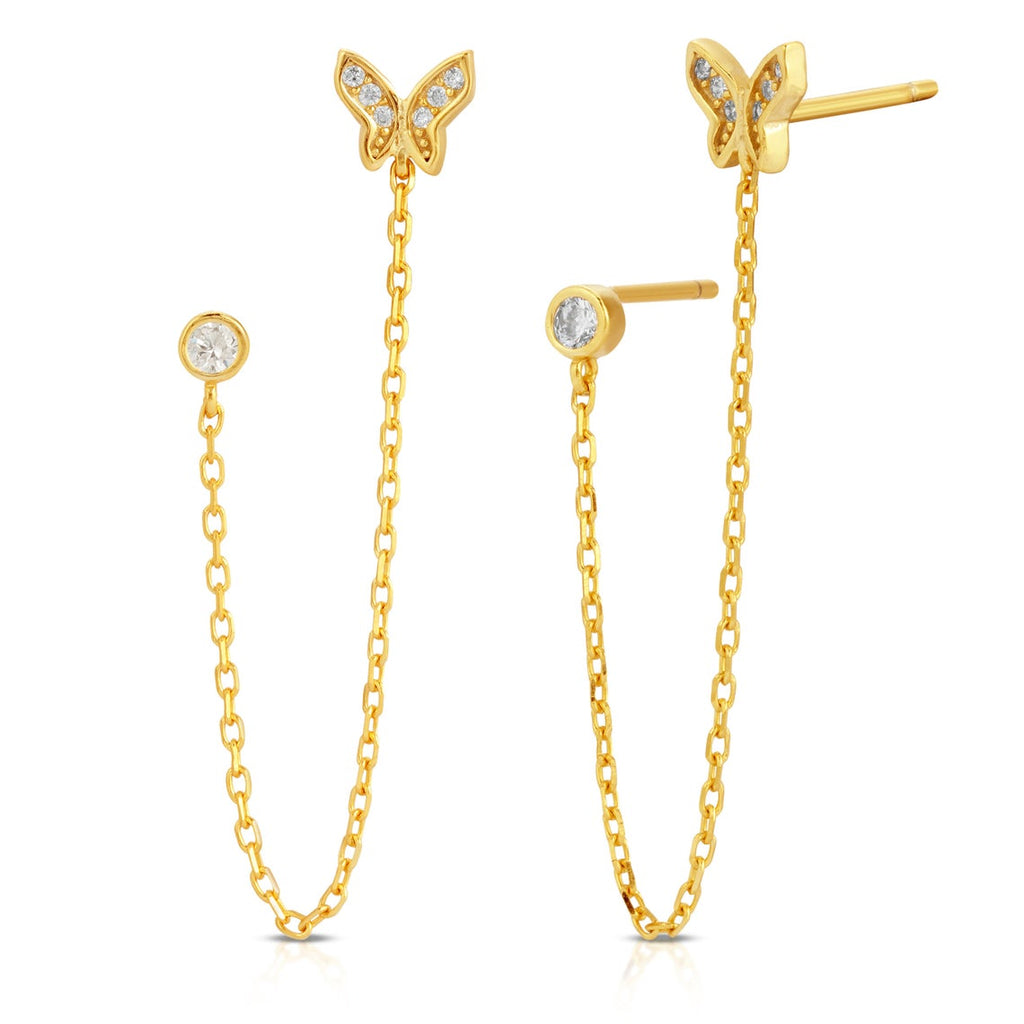 Butterfly Stud Earring with Chain and Second CZ Stud
